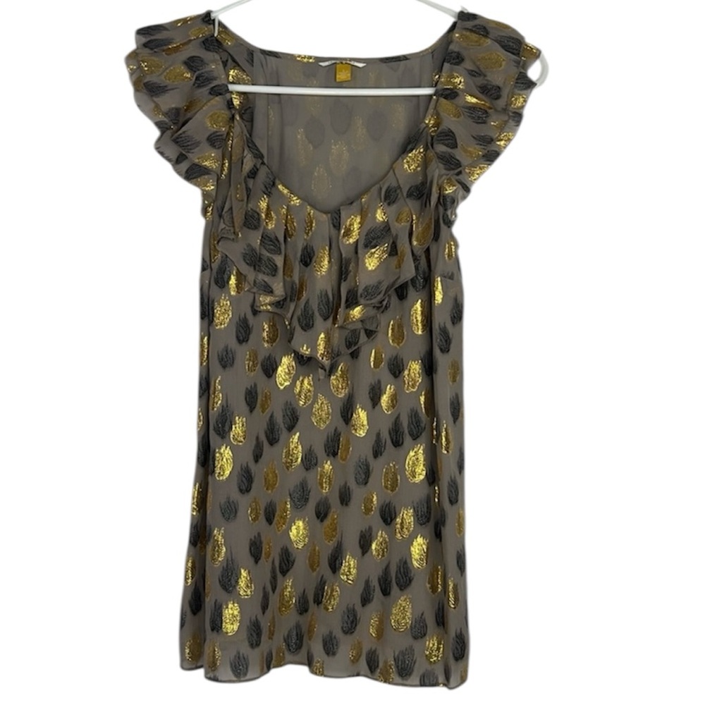Leifsdottir Anthropologie Silk Blend Gold Foil Ruffle Blouse Sz 4 Boho Metallic
